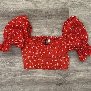 Red Floral Puff Sleeve Top